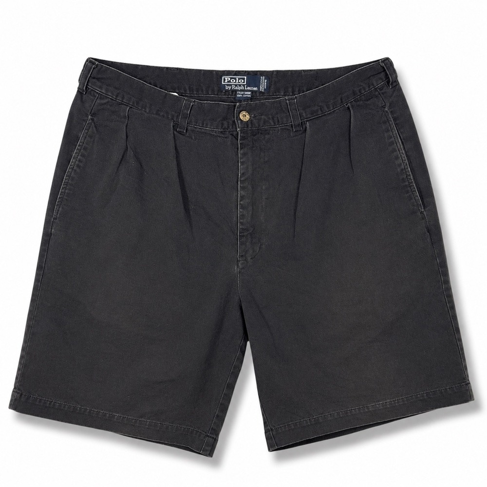 Polo Ralph Lauren Tyler Short Mens 34 Black Pleated Chino Cotton Vintage Faded